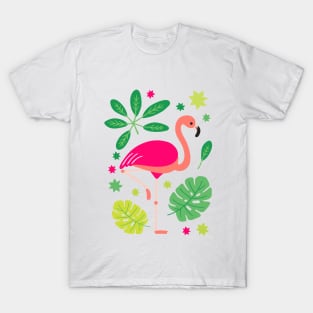 Pink Flamingo | Green Tropical Leaves T-Shirt